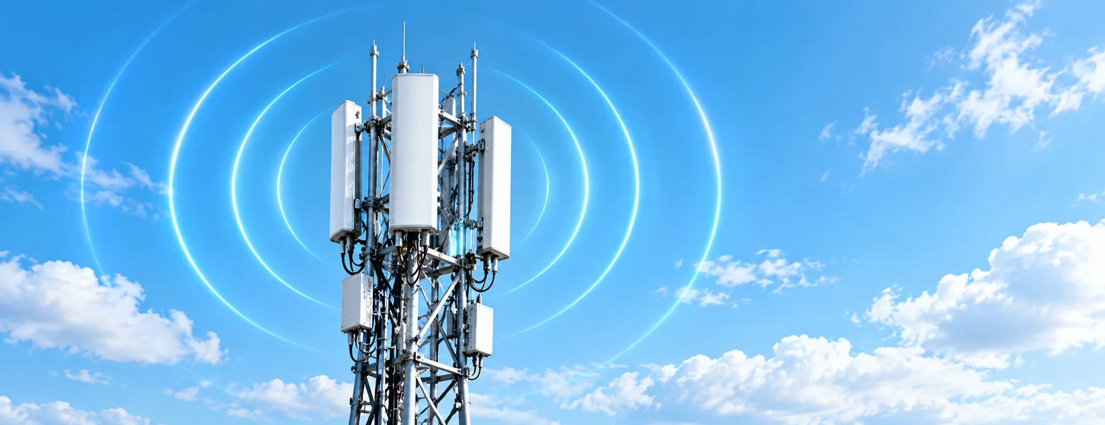 5G cellular communications tower with wireless signal visualization
