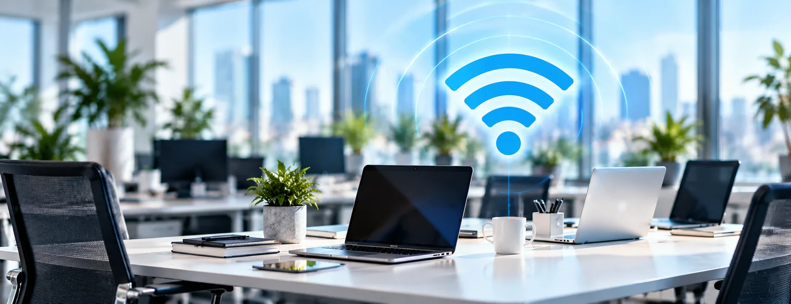 Connected laptops in a contemporary business office